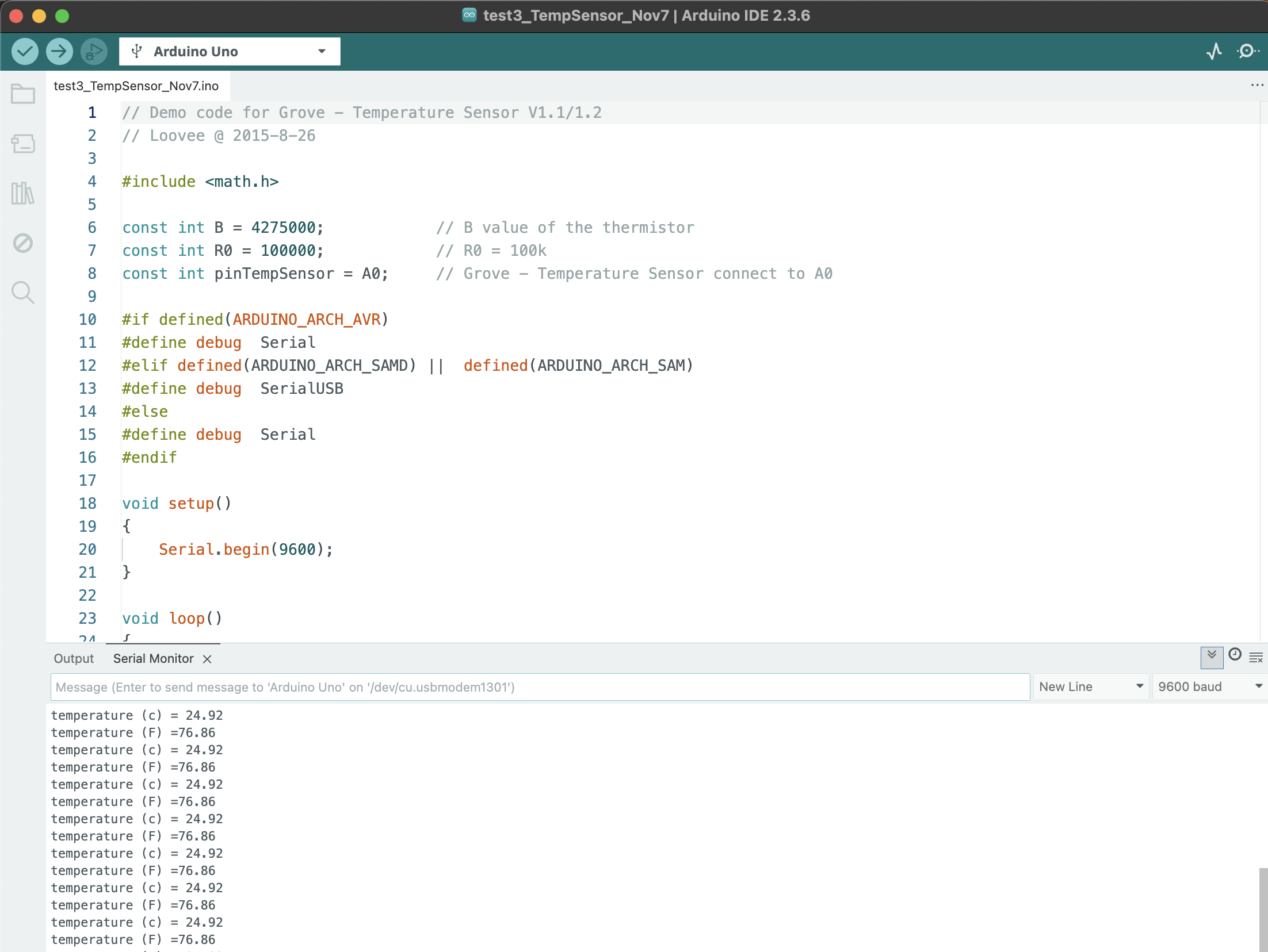 The next sketch we used, based on Seeed Studio's tutorial for the Grove Temp Sensor. This time, we did not encounter any problem, although we did apply some changes (such as the addition of Fahrenheit and increasing the delay).